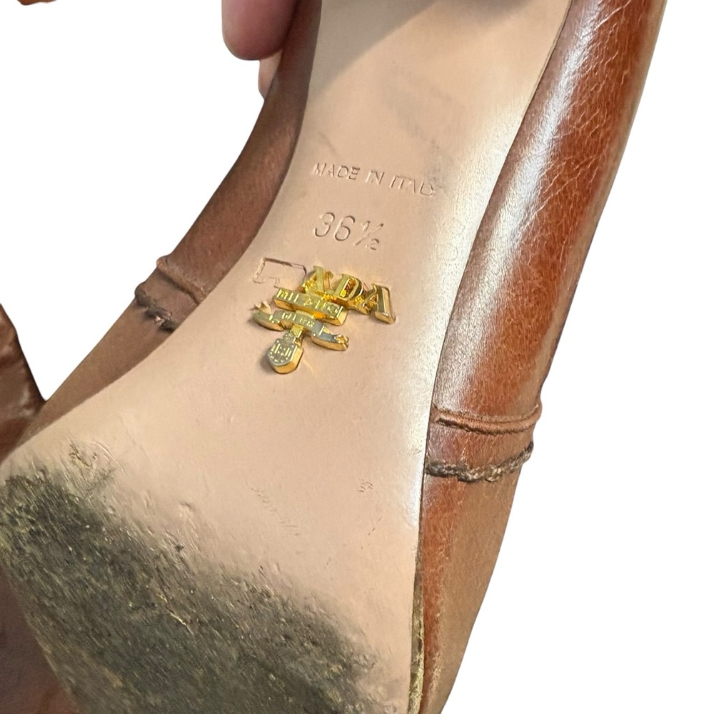 Prada Boots heeled tan Brown Leather Women’s size 36.5 / 6.5 made in Italy shoes - Picture 5 of 9